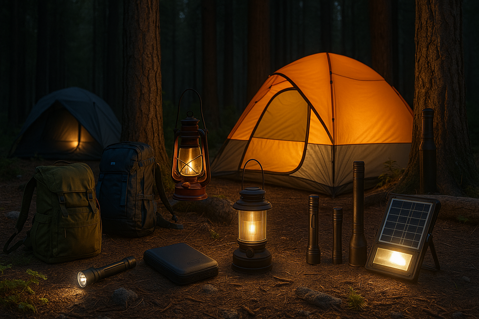 lantern and camping lights illuminating forest campsite at night