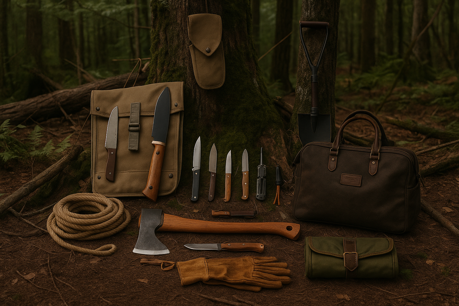 camping tools and bushcraft knives arranged on a forest floor