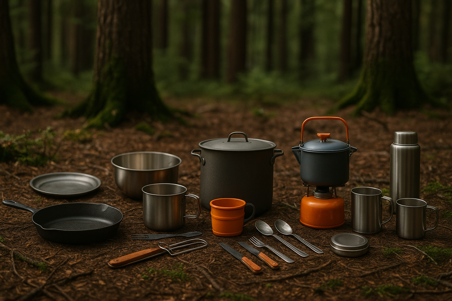 camping cookware and utensils laid out in a forest clearing