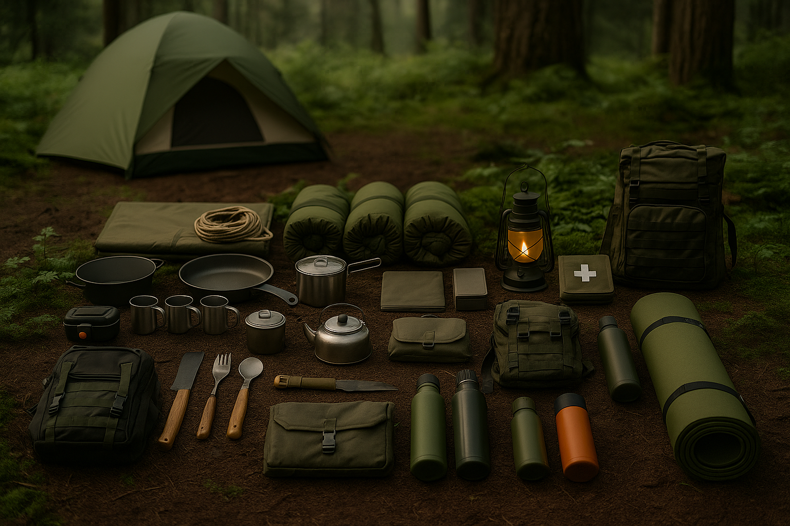 camping essentials gear neatly arranged on forest ground for wild camping