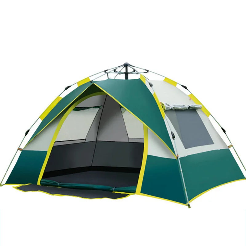 2–3 person forest green dome tent with yellow trim, pop-up frame and waterproof design for wild camping in Spain and Europe