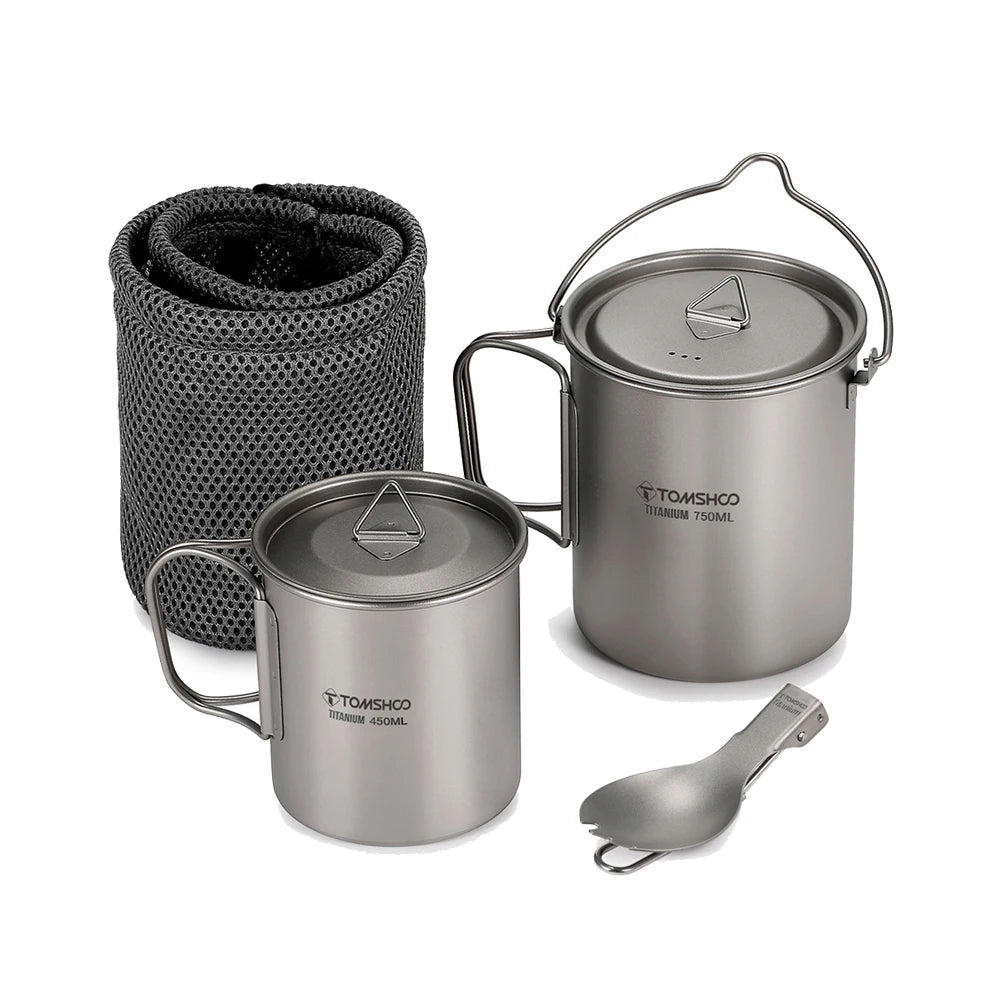 Ultralight 3-Piece Titanium Cookware Set – 750ml Pot, 450ml Cup & Folding Spork