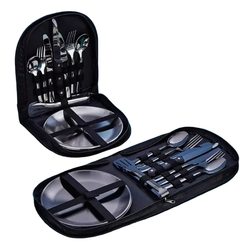 2-Person Camping Utensil Set – Plates, Cutlery & Storage Case