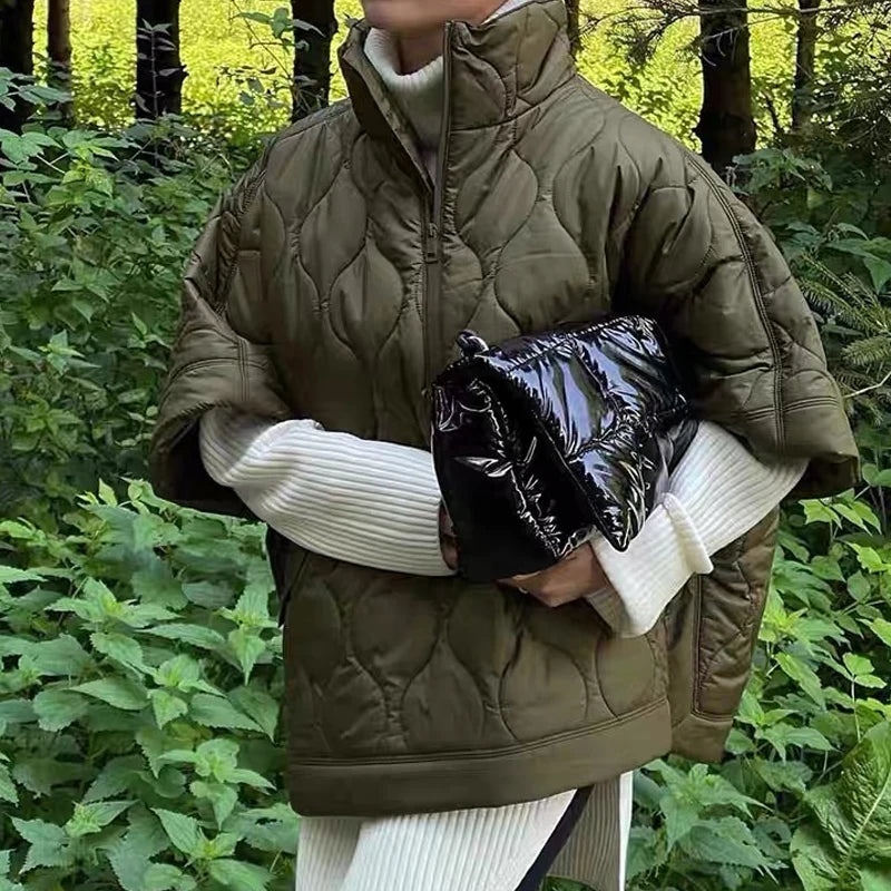 Women’s Quilted Camping Cape Jacket – Insulated Outdoor Shawl Coat