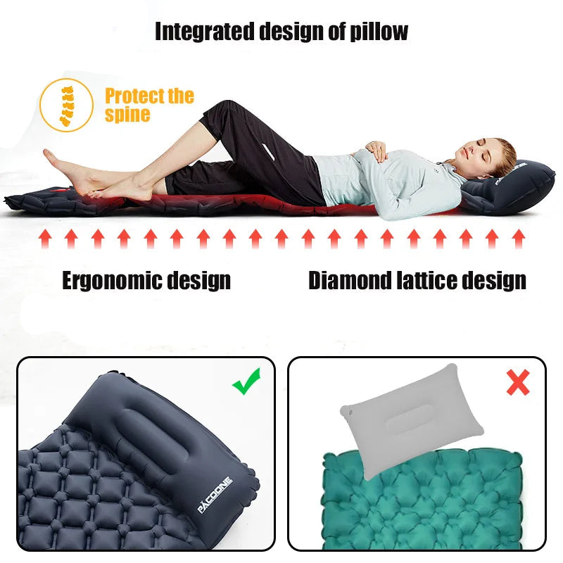 Outdoor Camping Sleeping Pad – Inflatable Mattress with Built-In Pillows
