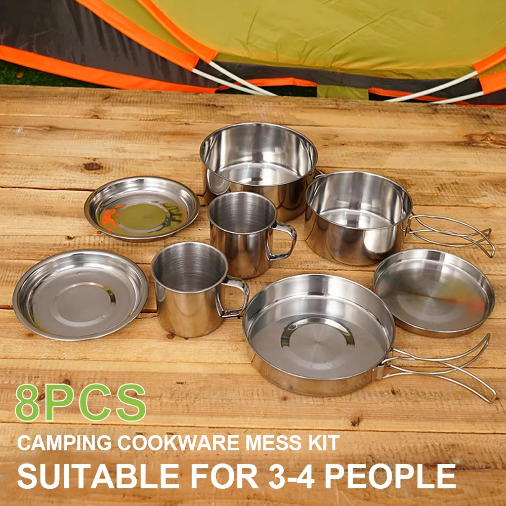 8-Piece Stainless Steel Camping Cookware Set – Pots, Pans & Plates