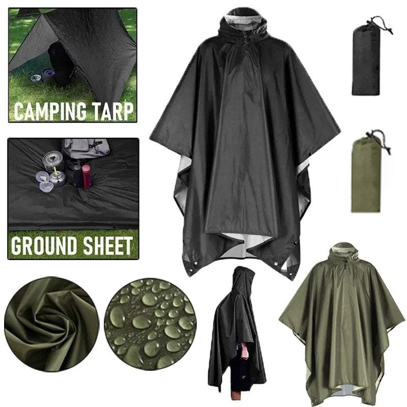 Outdoor 3 In 1 Military Raincoat Hooded Sleeve Waterproof Rain Poncho