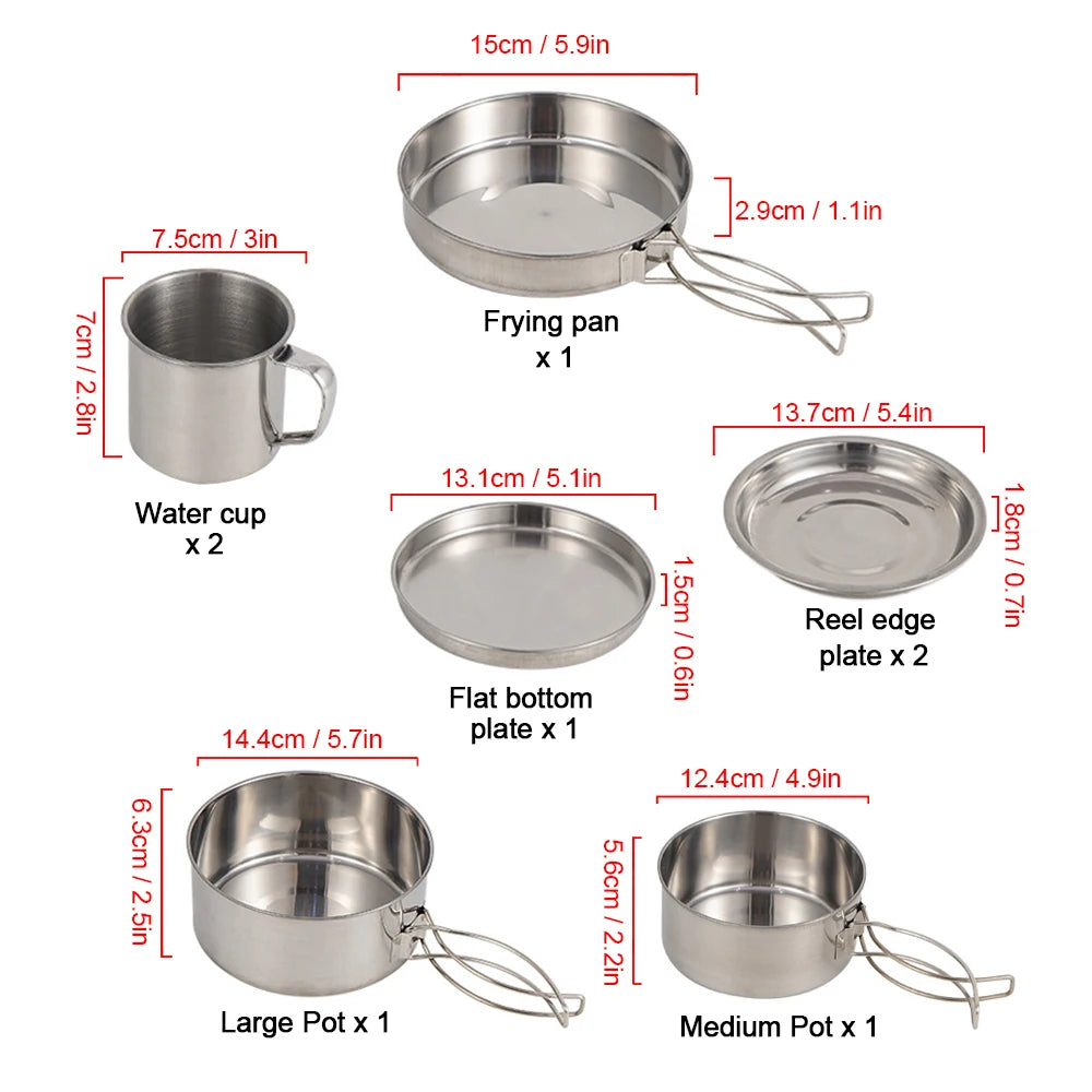8-Piece Stainless Steel Camping Cookware Set – Pots, Pans & Plates