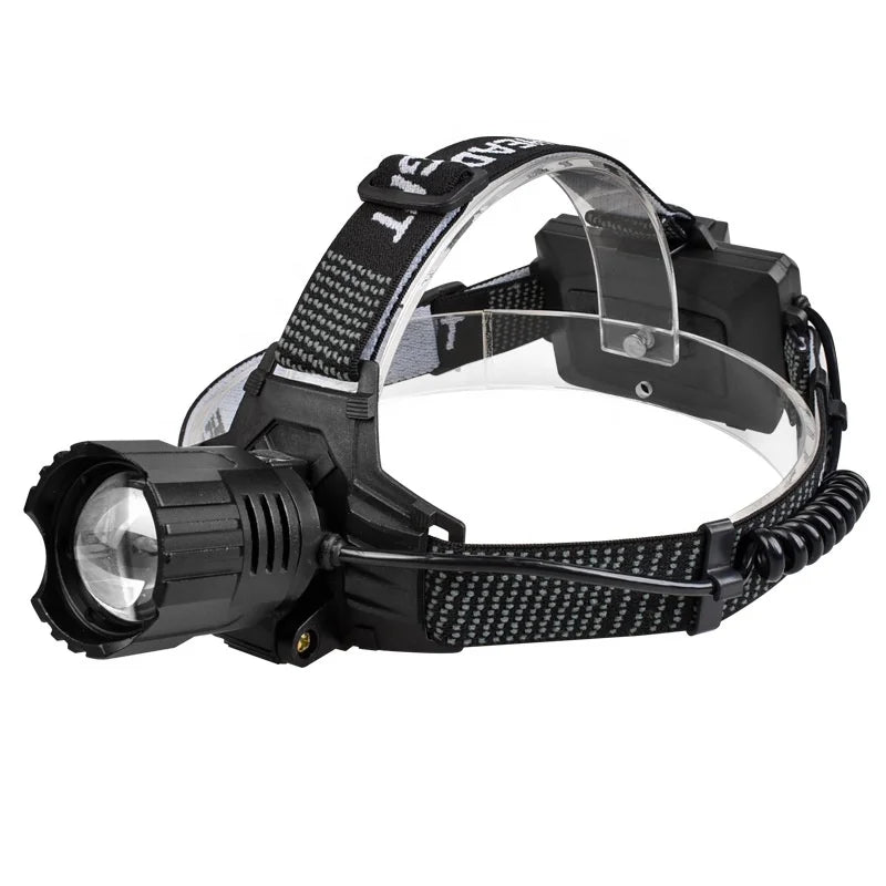 side view of adjustable headlamp with zoom lens and rear battery pack