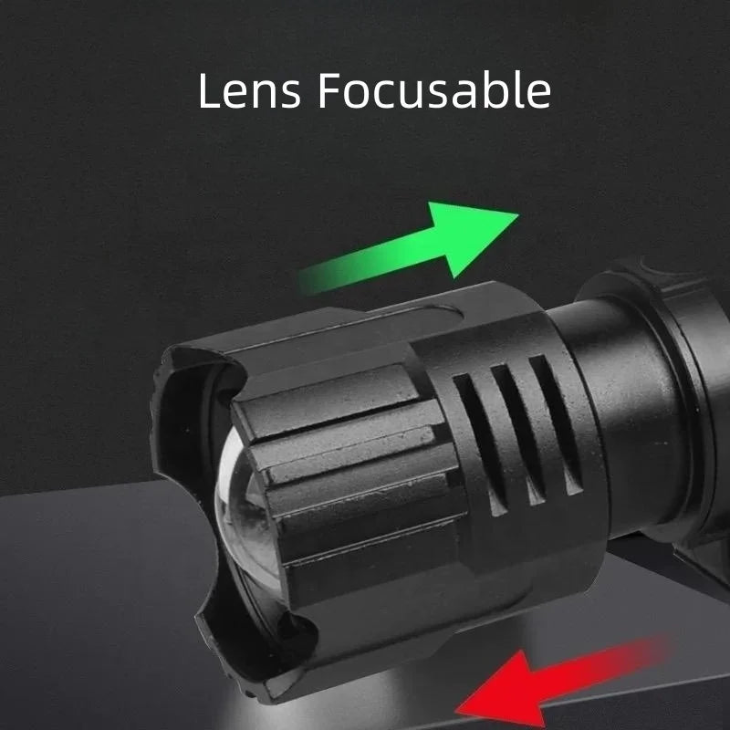close-up of adjustable zoom lens on led head torch with focus control arrows