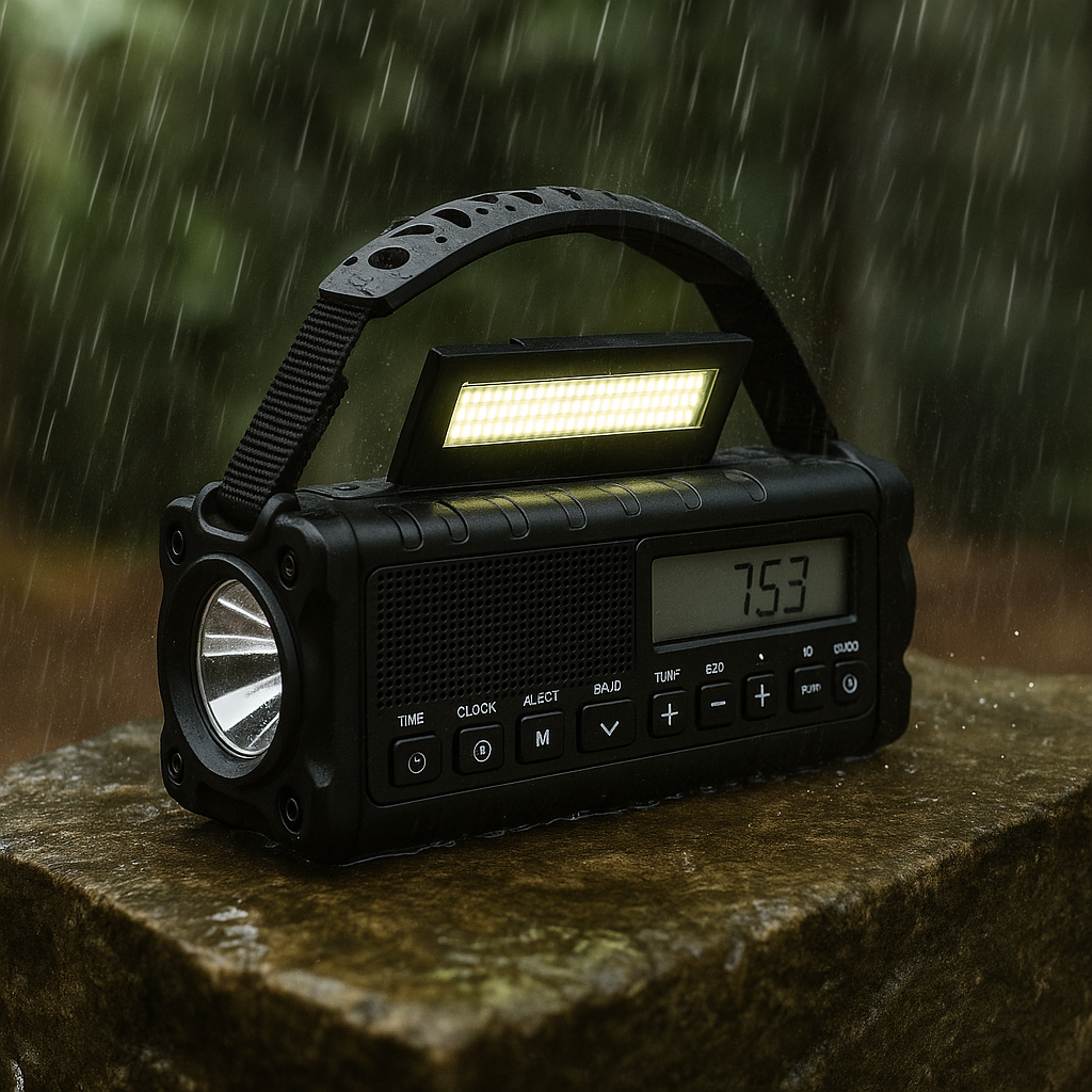 black emergency radio with LED light on during rainfall, displayed on stone surface
