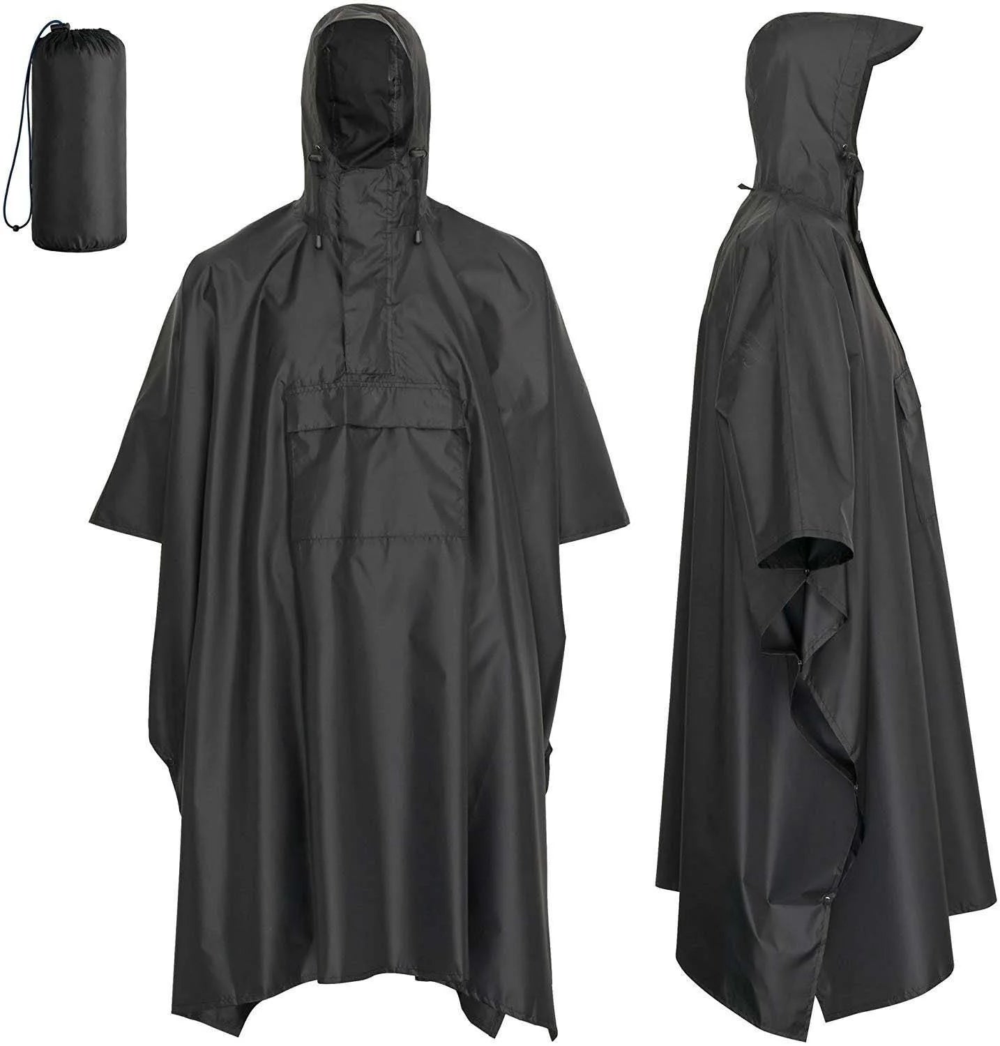black waterproof poncho shown from front and side with hood, chest pocket and compact carry bag