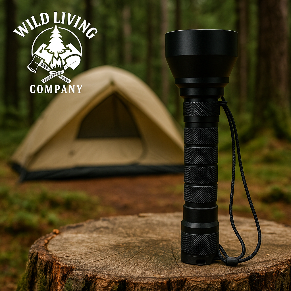 black tactical torch standing on tree stump with blurred tent in background, forest setting