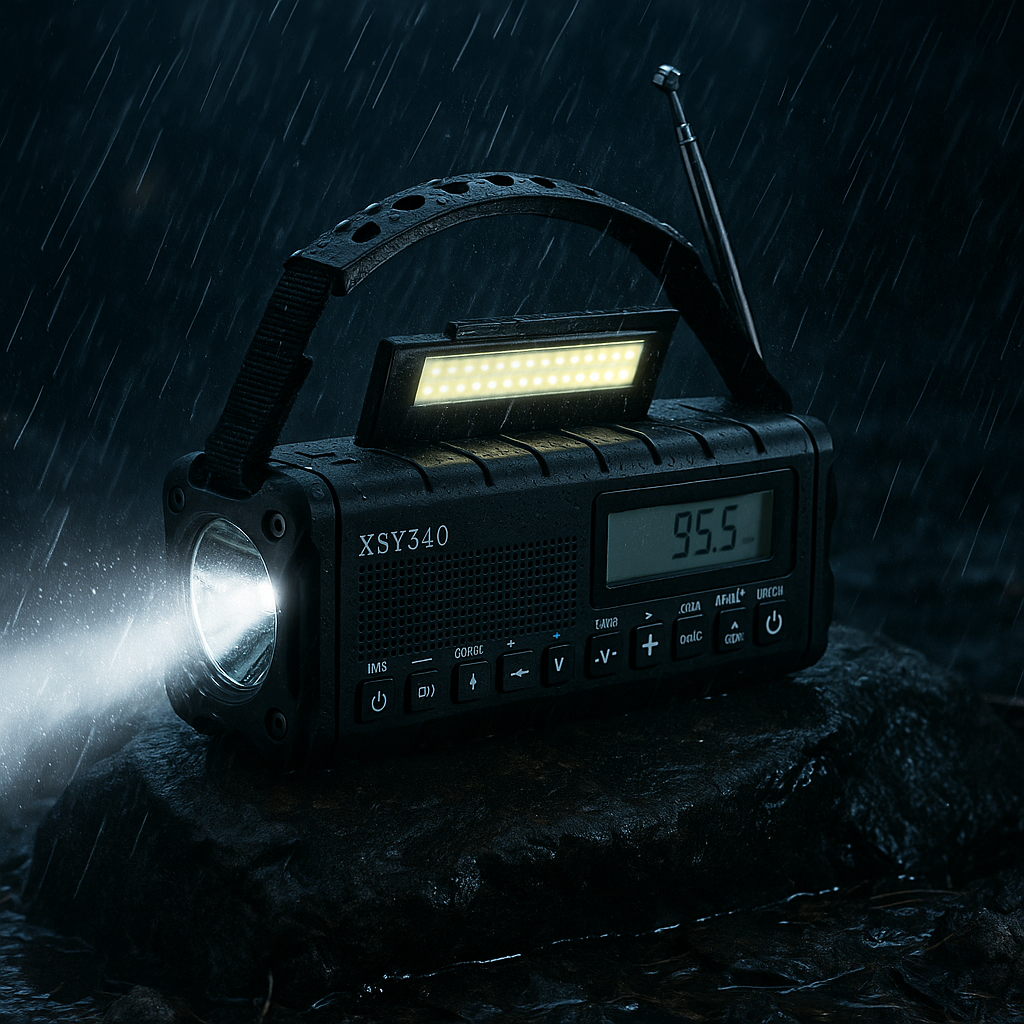 black waterproof emergency radio with LED flashlight on in heavy rain, showing 95.5 MHz FM display on rock