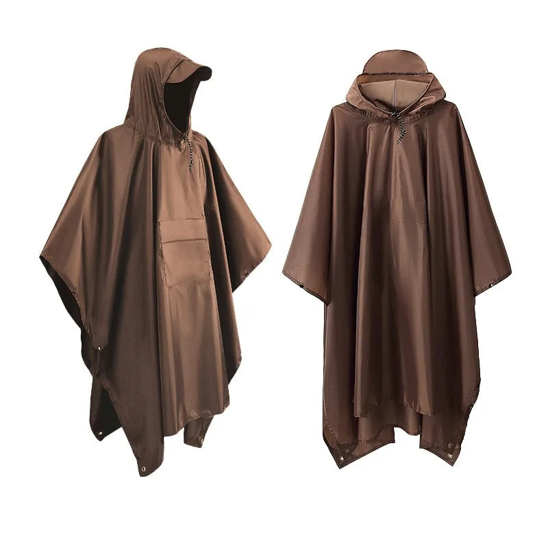 brown waterproof poncho shown from front and angled side view with hood and front pocket