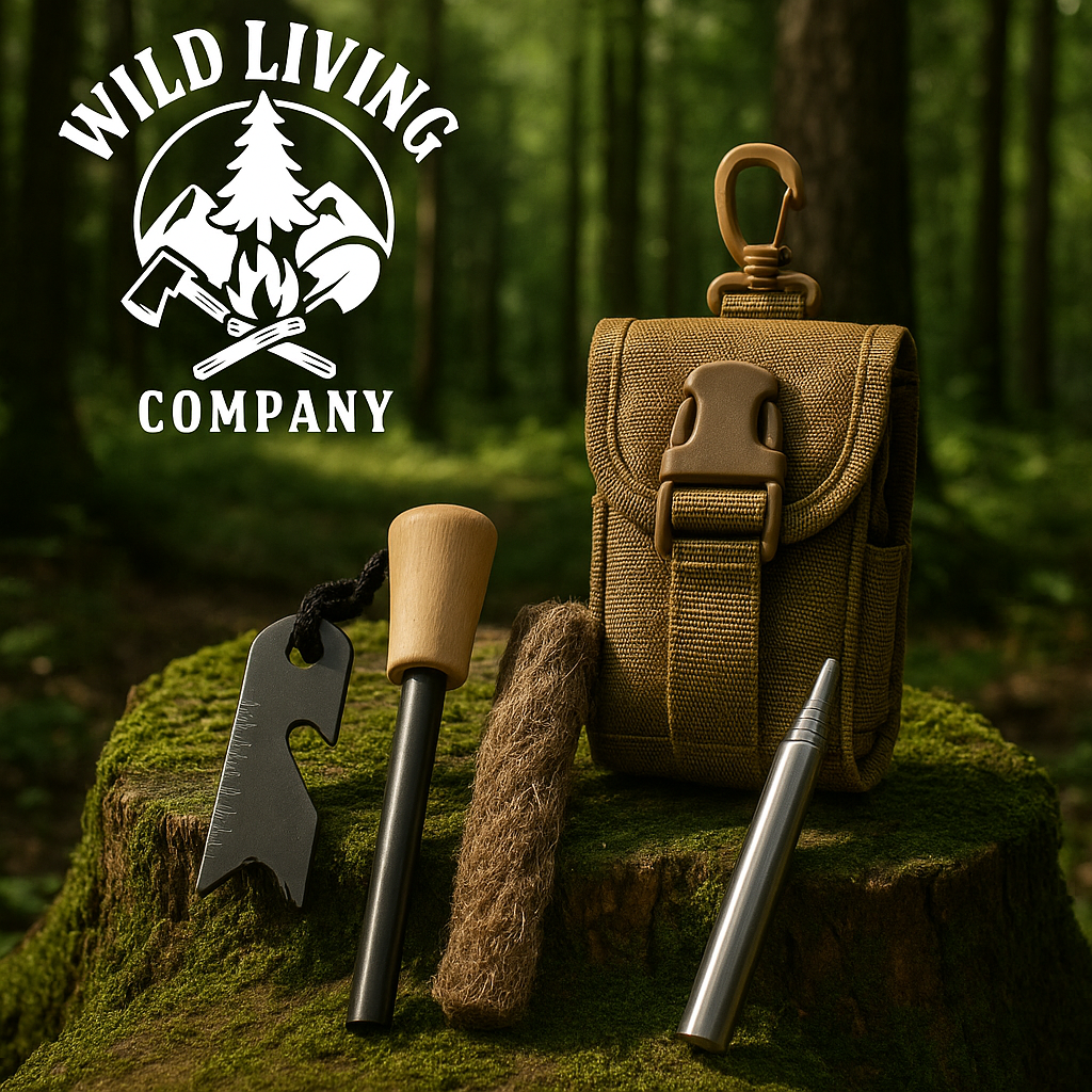 Wild Living bushcraft fire starter kit with pouch, striker, ferro rod, tinder, and bellows on mossy tree stump in forest