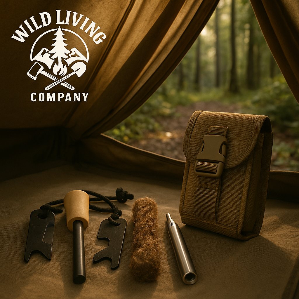 Bushcraft fire starter kit laid out inside a tent with natural morning light, showing ferro rod, strikers, tinder, bellows, and pouch