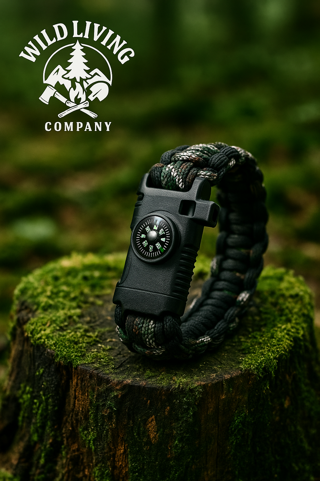 camo paracord survival bracelet with built-in compass resting on mossy tree stump in forest with Wild Living Company logo