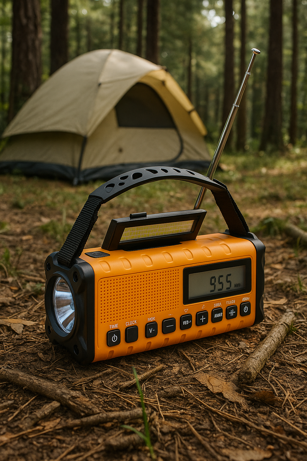 orange emergency radio with antenna extended, placed on forest floor near a tent in the background