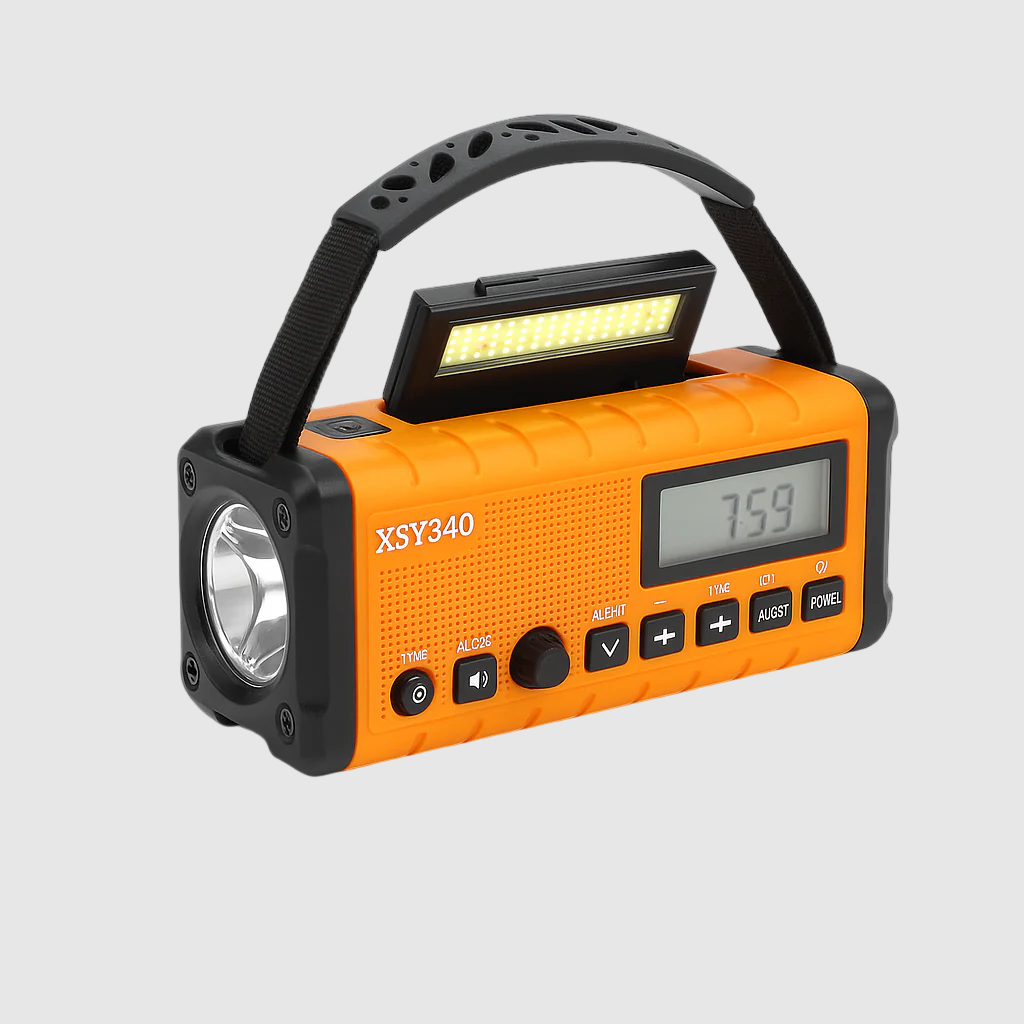 orange emergency radio with LED light, digital clock, and handle, photographed on white background