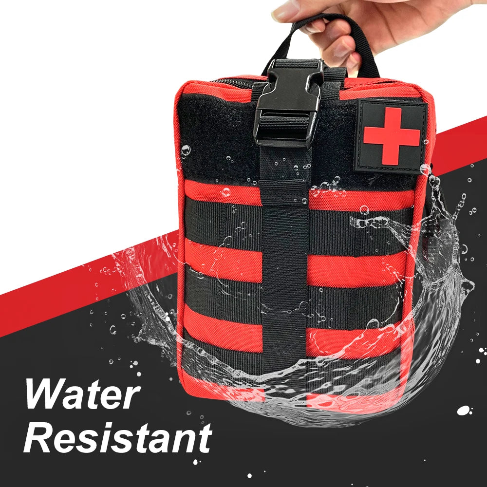 Portable first aid kit with water-resistant casing for camping and hiking