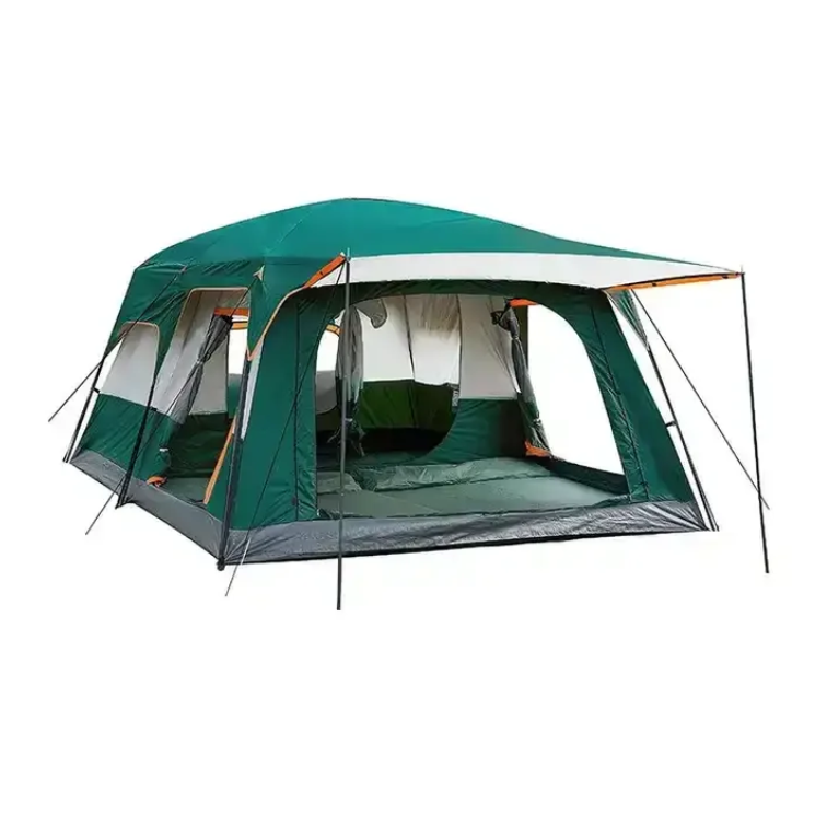 large green cabin-style family tent with open front door and multiple windows on white background
