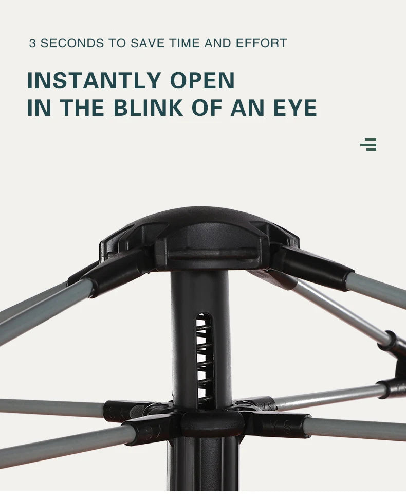 Close-up of pop-up tent locking frame mechanism showing fast setup structure for 2-3 person dome tent used in wild camping across Spain and Europe