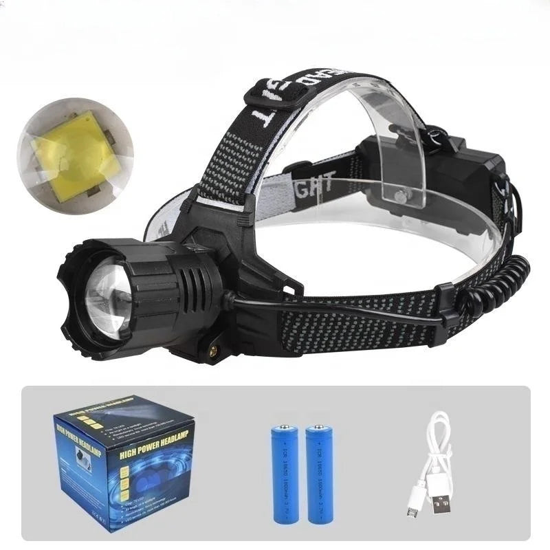 led headlamp with batteries, charging cable and retail packaging box