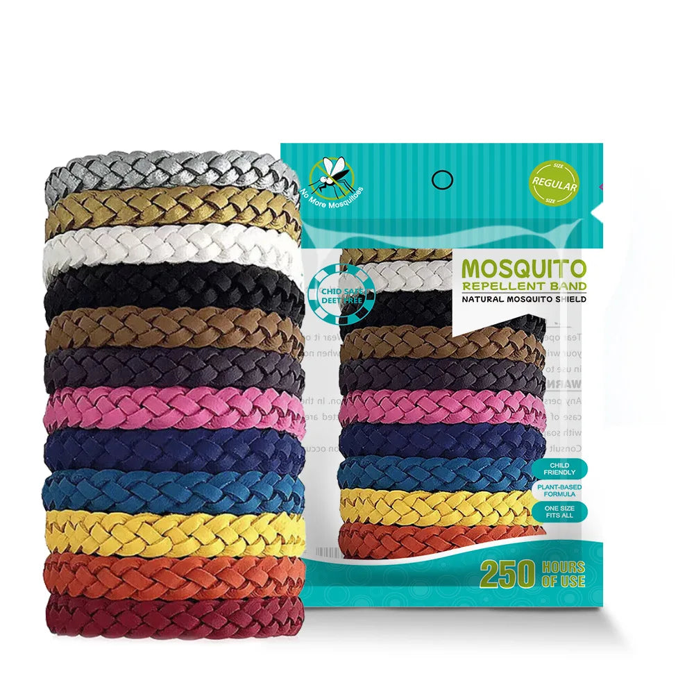 pack of multicoloured braided mosquito repellent wristbands with 250 hours of natural protection