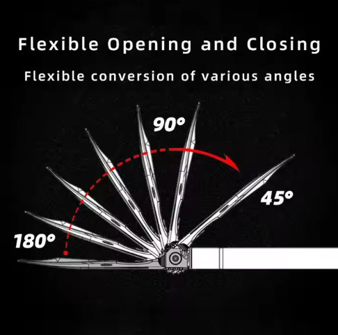 diagram showing multi shovel blade rotating between 45, 90, and 180 degree positions for adjustable use