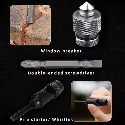 multifunctional shovel tool kit showing window breaker, screwdriver, and fire starter