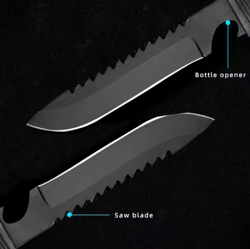 Close-up of dual-purpose survival knife with integrated saw blade and bottle opener