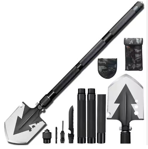 Full view of multi-tool survival shovel kit with modular handle, tactical blade, screwdriver heads, and carrying pouches