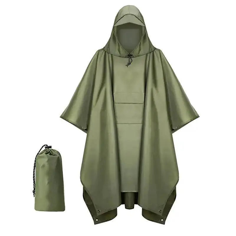 lightweight olive green rain poncho with hood, shown with matching drawstring carry bag