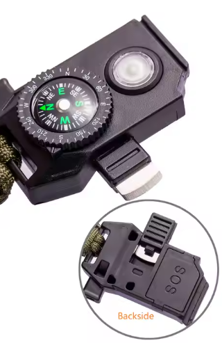 close-up of survival paracord bracelet showing compass, LED light, and SOS fire striker on reverse side