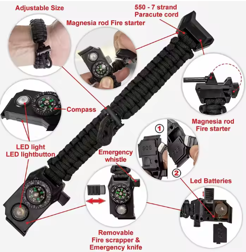 diagram of survival paracord bracelet with LED light, compass, whistle, fire starter, emergency knife, and battery compartment