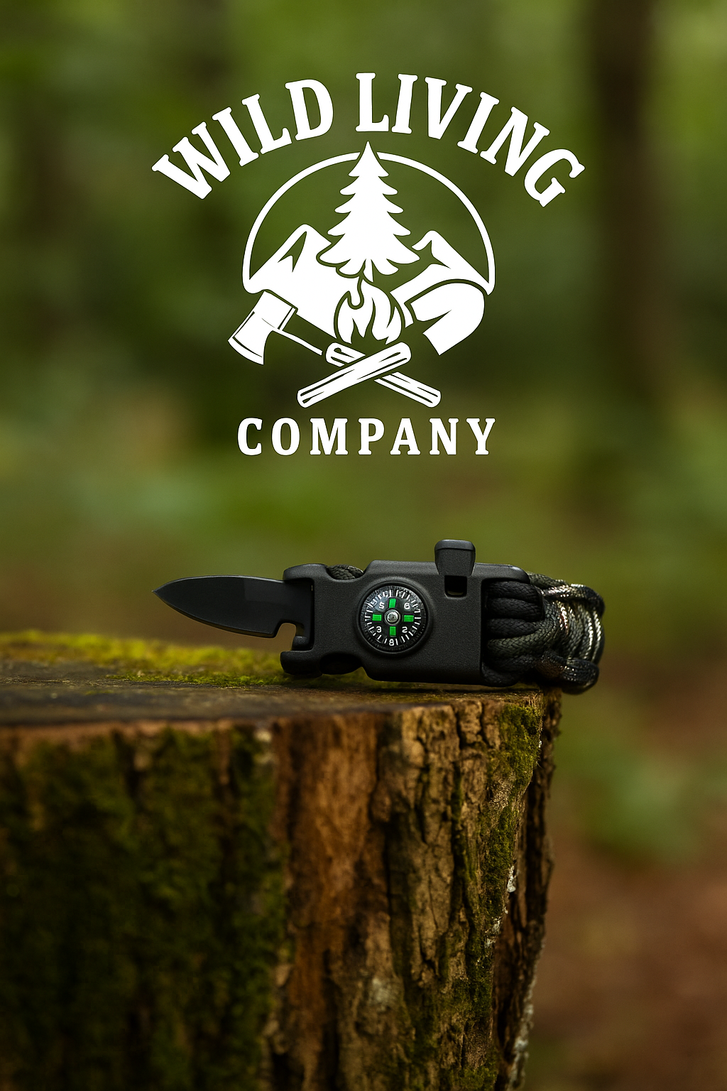 tactical paracord bracelet with knife and compass lying flat on mossy tree stump in forest, Wild Living Company logo above