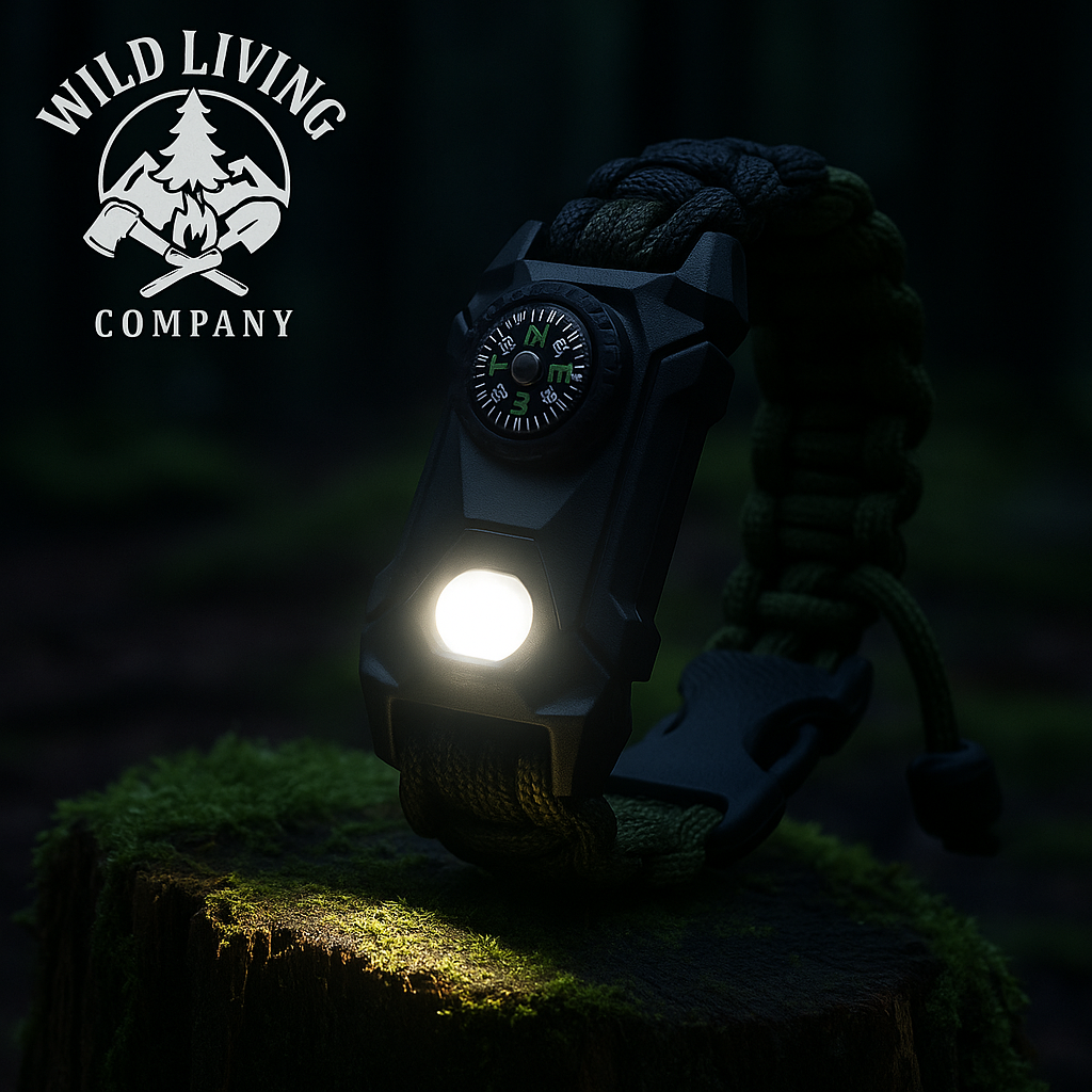 glowing LED survival bracelet with compass resting on mossy tree stump in a dark forest