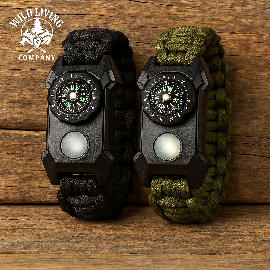 two paracord survival bracelets with built-in compass and LED light on rustic wood surface