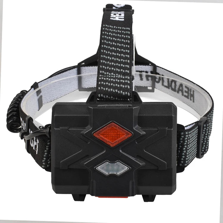 rear view of rechargeable LED head torch showing red safety light and battery pack