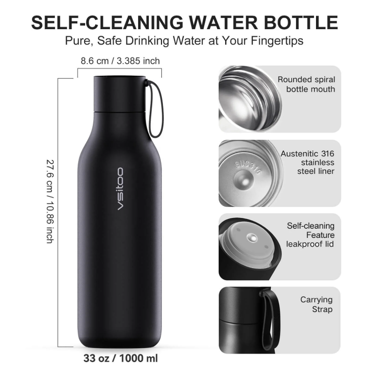 self-cleaning water bottle with detailed callouts highlighting lid, stainless steel interior, and dimensions