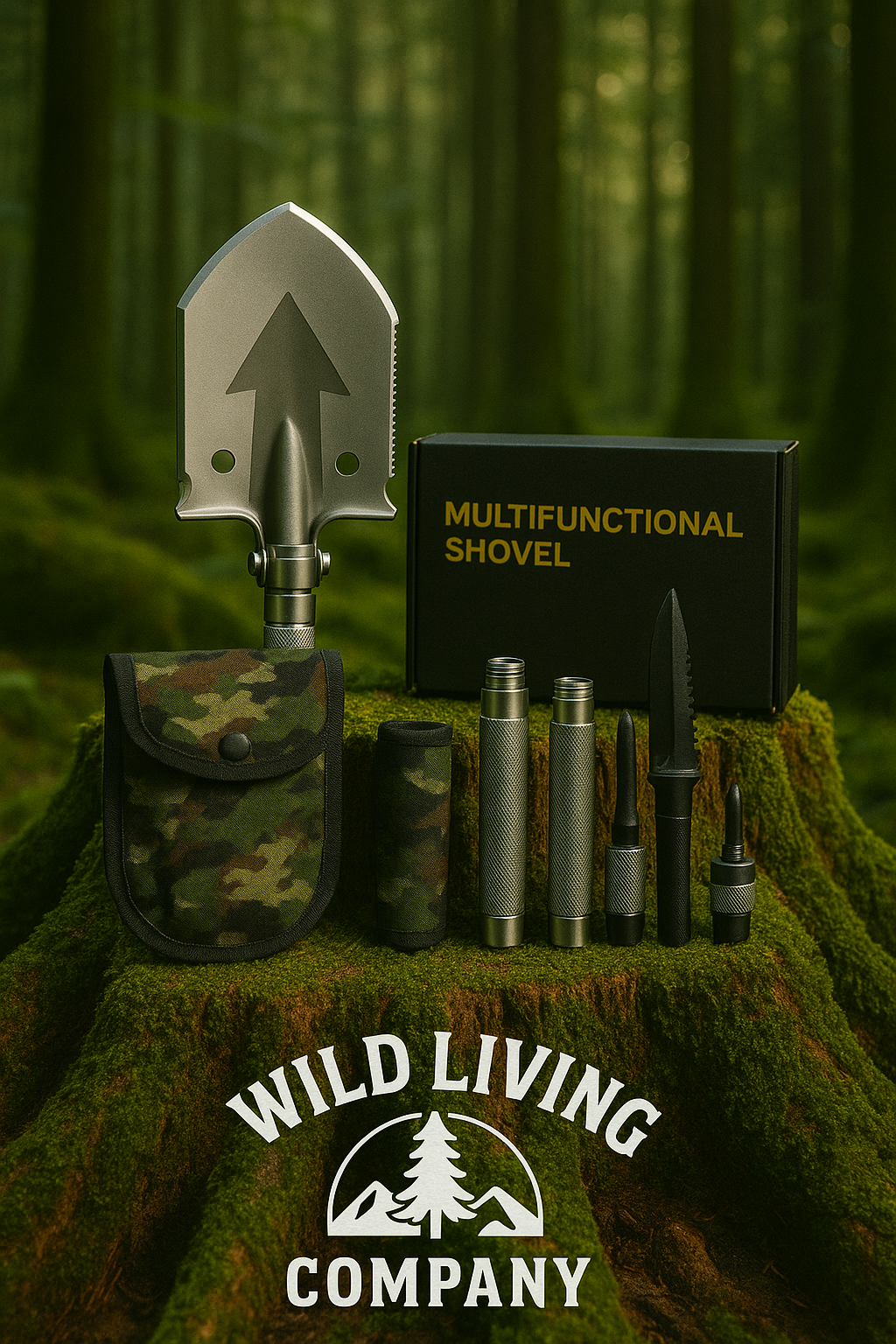 Multifunctional survival shovel kit with tactical pouch, tools, and branded box on mossy forest stump