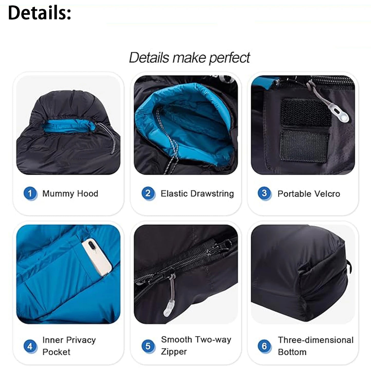 close-up features of black sleeping bag including hood, zipper, and inner pocket
