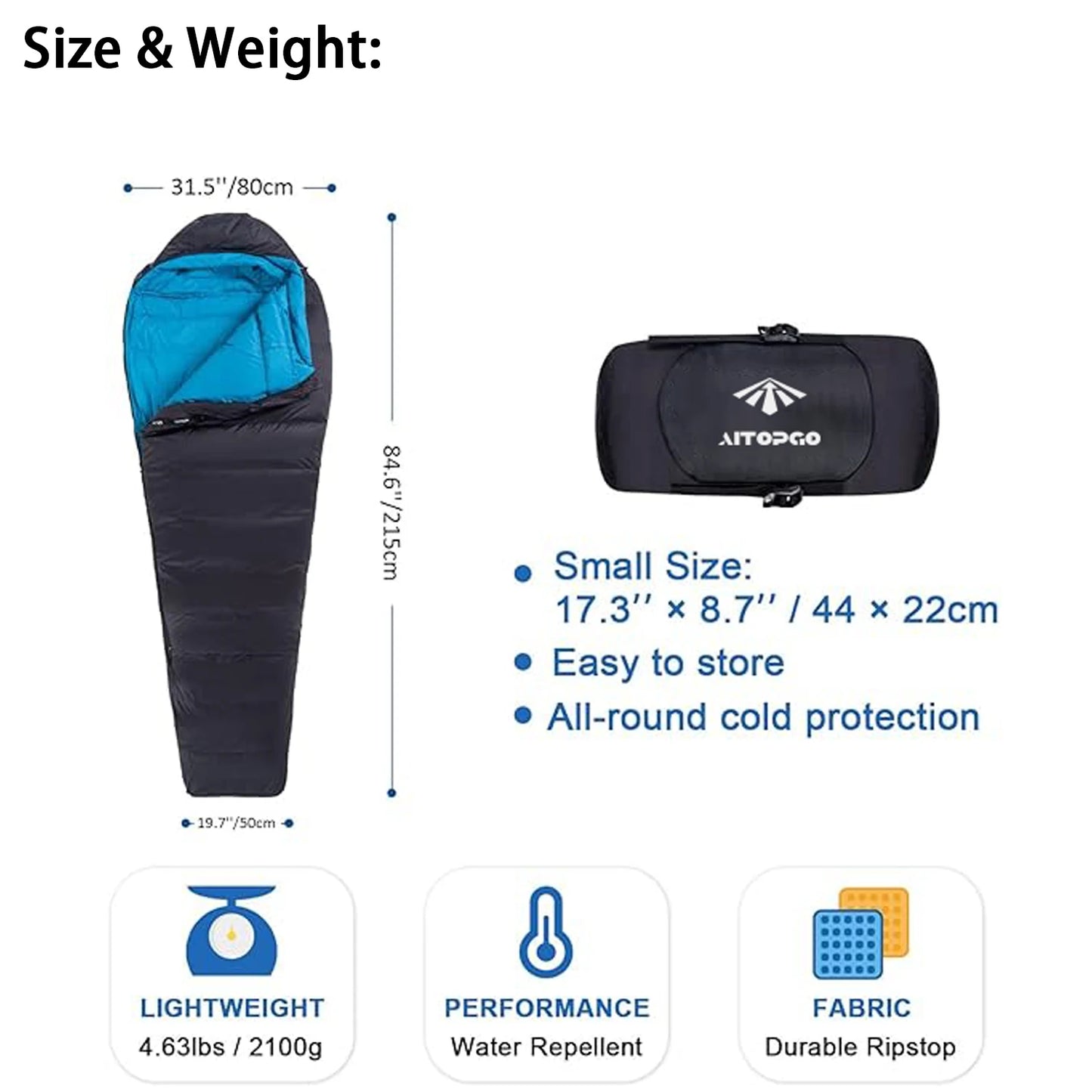black sleeping bag with dimensions and compact storage bag shown