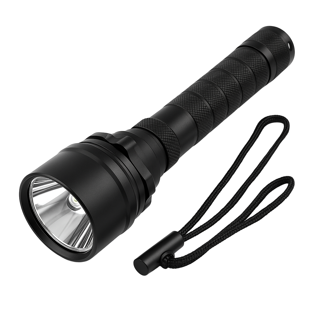 black tactical LED flashlight with textured grip and wrist lanyard on white background