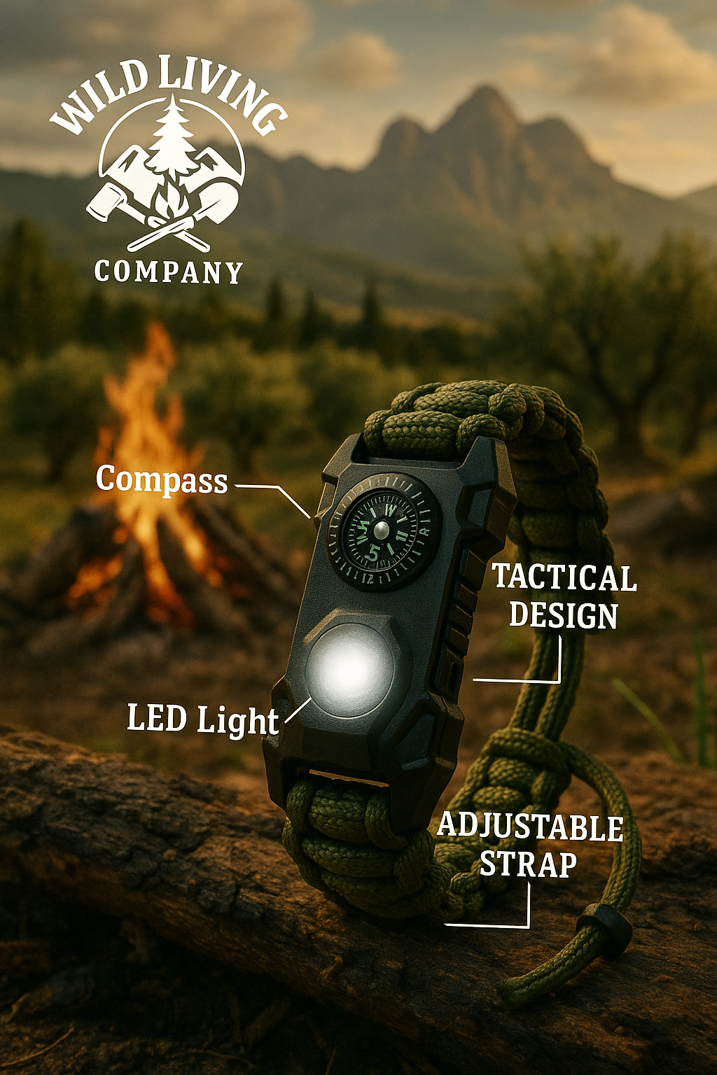 paracord survival bracelet with compass and LED light glowing beside a campfire at dusk