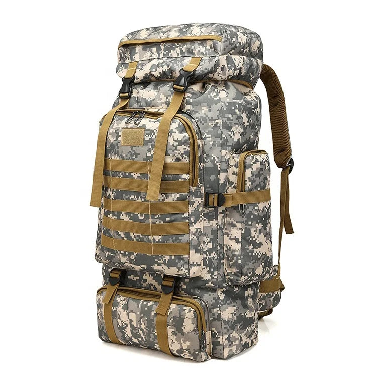 digital camo 80 litre tactical backpack with side pockets and molle webbing straps