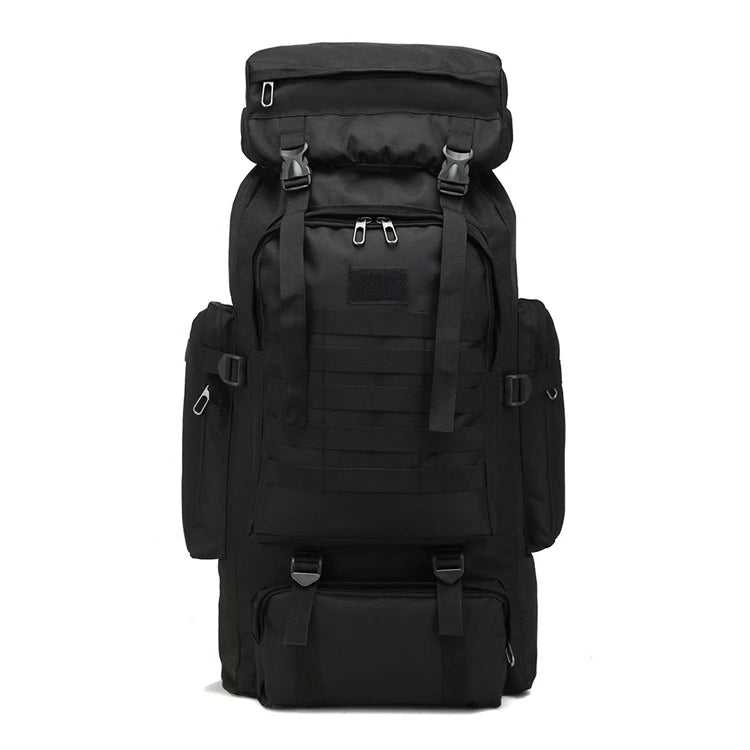 black 80 litre tactical rucksack with molle straps and multiple zip compartments