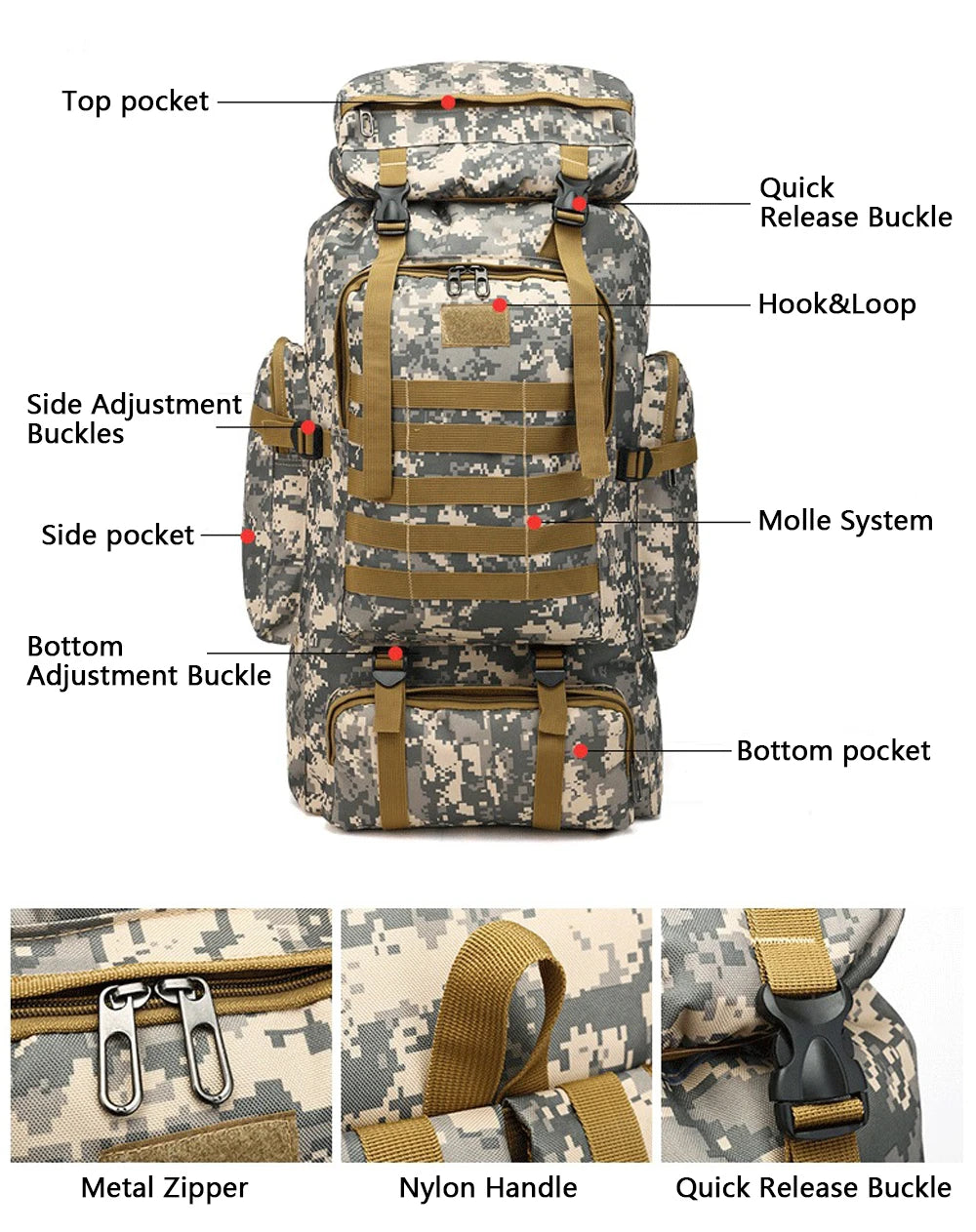 labelled image showing features of 80 litre tactical backpack in digital camo including molle system, quick release buckles and multiple pockets