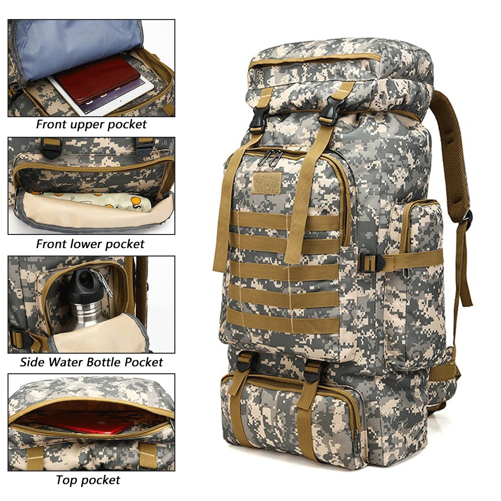 80 litre tactical backpack in camo showing front upper and lower pockets, side water bottle holder, and top pocket layout